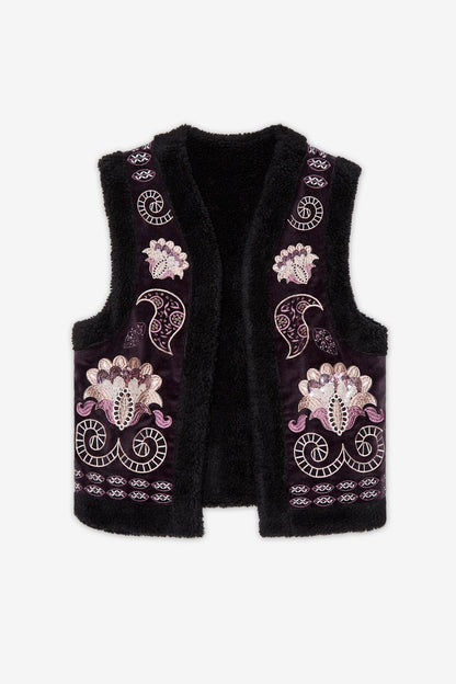 Gilet nero con fiori viola